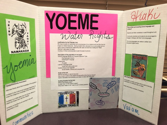 Student posterboard named Yoeme. The posterboard displays information about water rights in the Navajo community. 